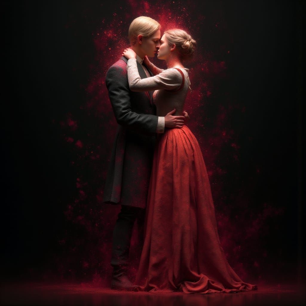 <lora:AffectaFlux:1.0> Love, embracing itself, featureless character made of glass and oil paint, splashes of deep red paint and color dust ...