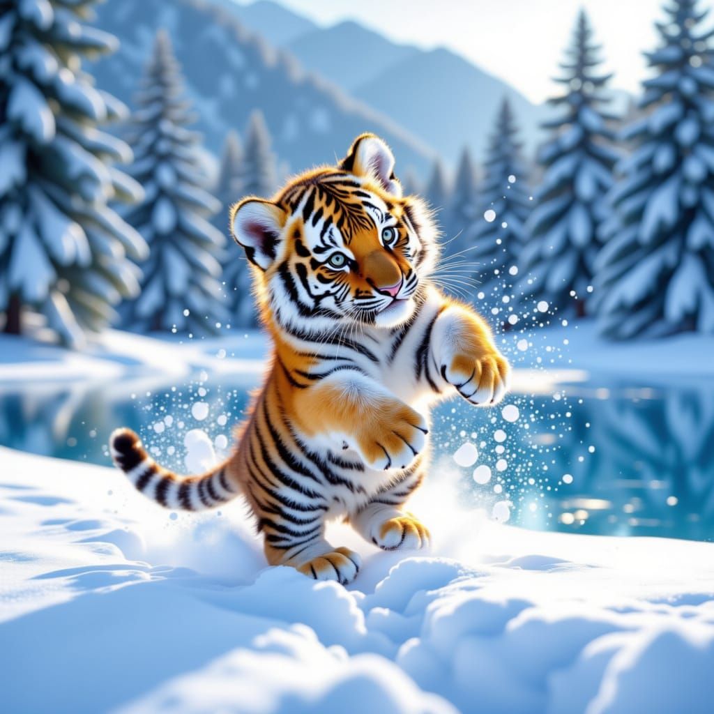 Tiger cub at lake during winter snowfall having fun in the snow <lora:Snow Tiger:1.0>