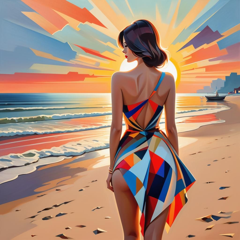 woman on beach with her back to the camera looking at the su...