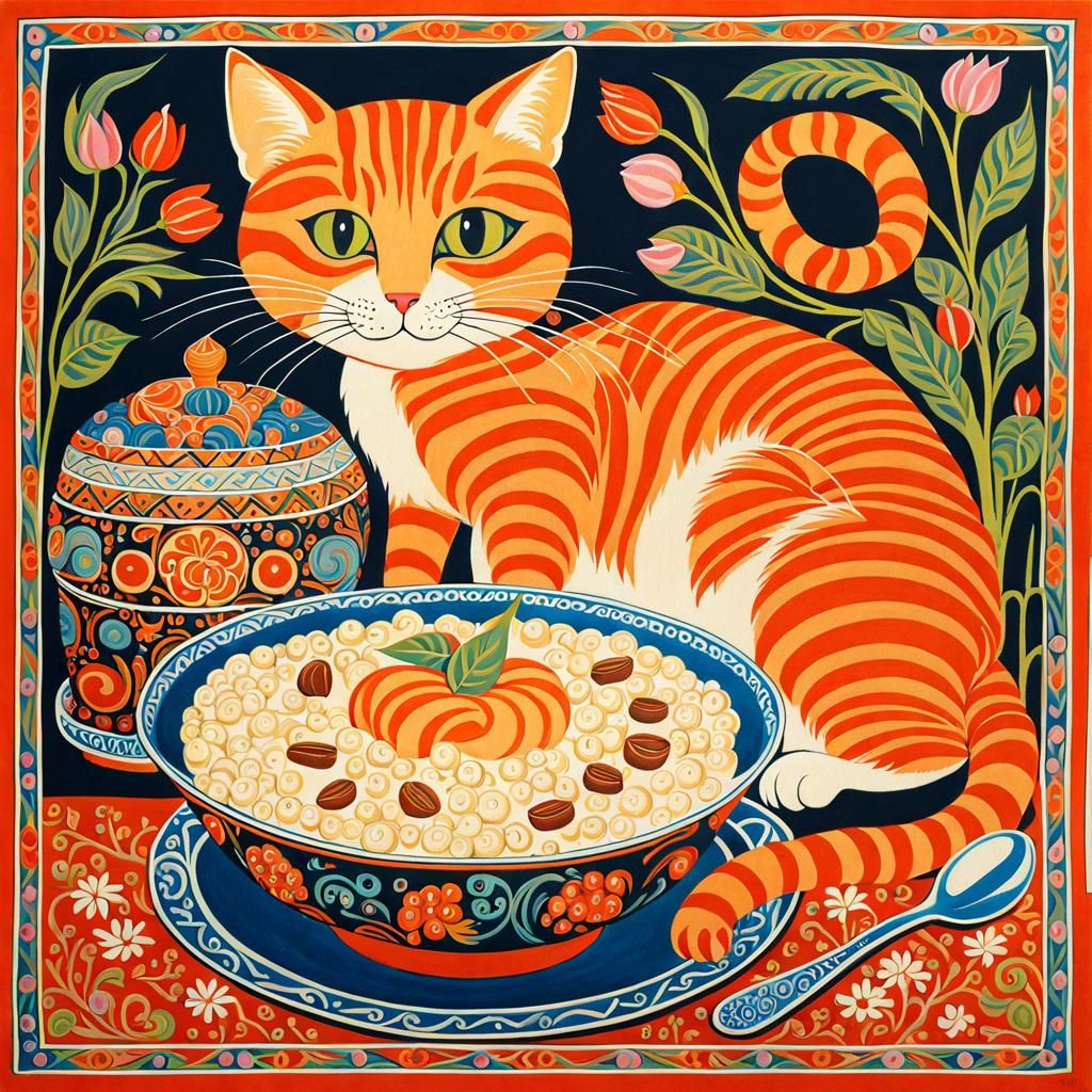 Cat and Porridge, lubok print, whimsical, in the style of Yu...