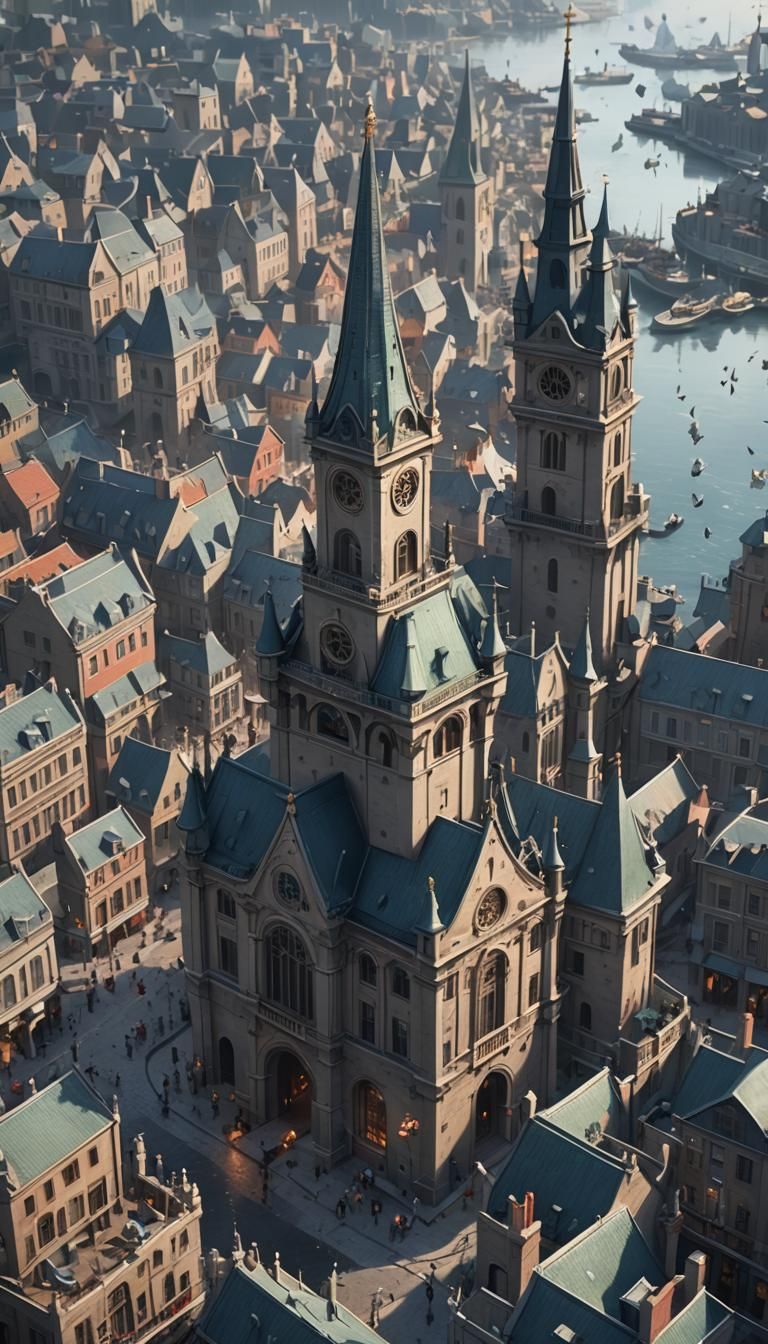 city of spires, flock of birds, harbor, overcast