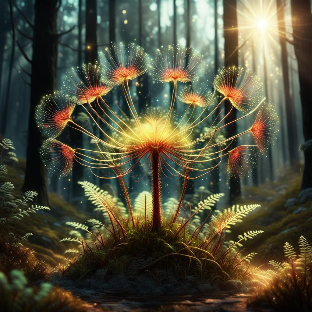 A 3D render of a cinematic, front-illuminated shot of a glorious sundew plant in a forest background. ...  by @Heiner