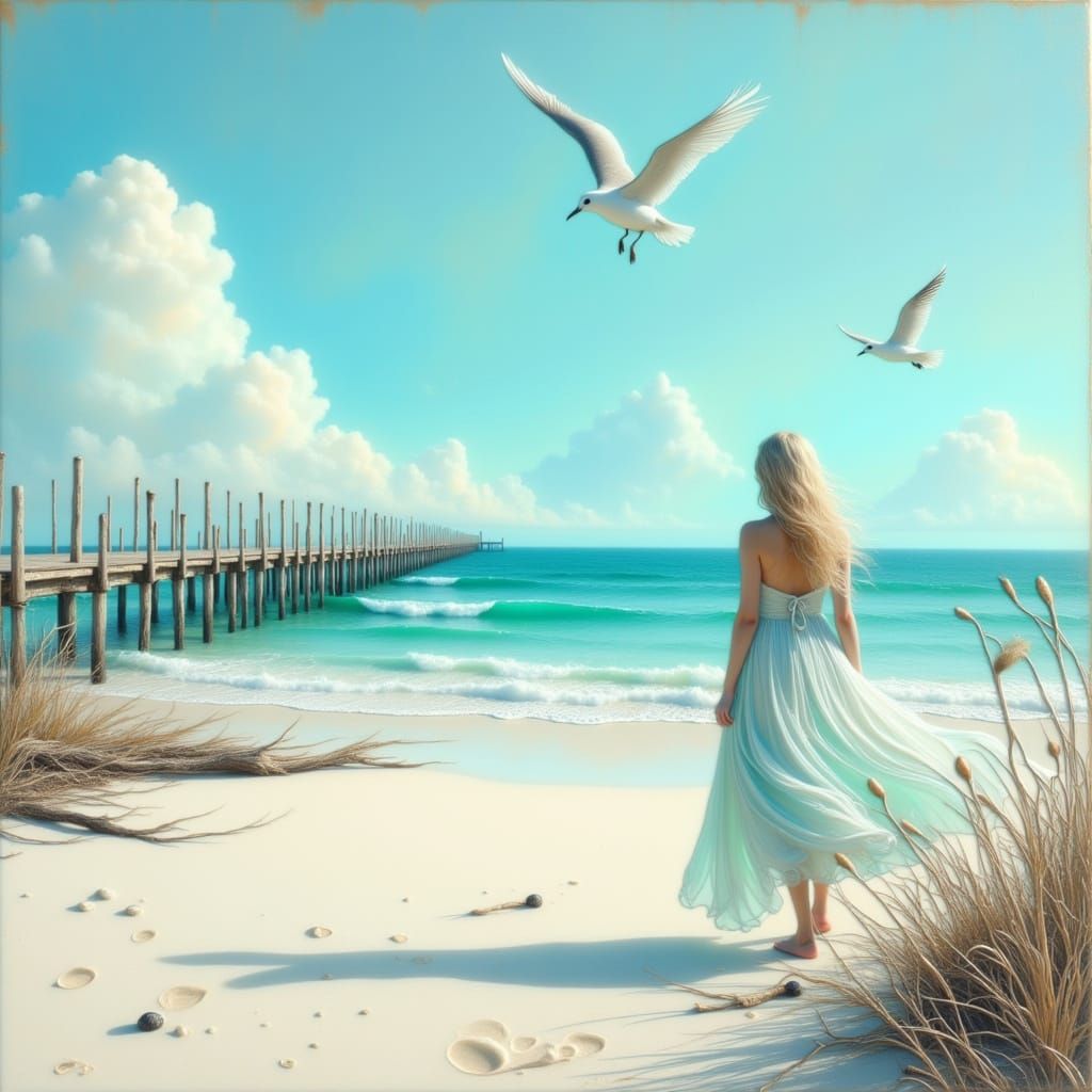 <lora:Teal and gold:1.0> white sand blue water driftwood a long wooden pier seagull ethereal