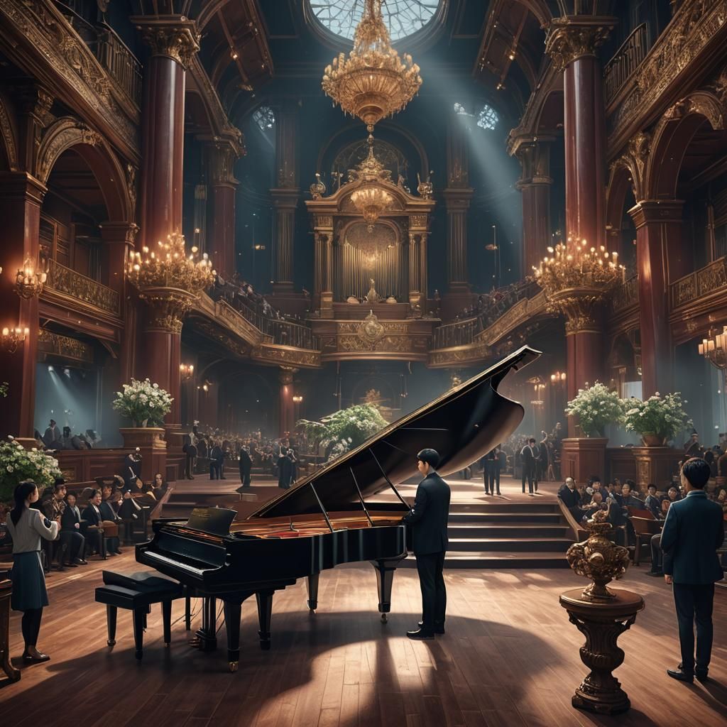 Asian pianist standing before audience with grand piano behind him  by @Christian 