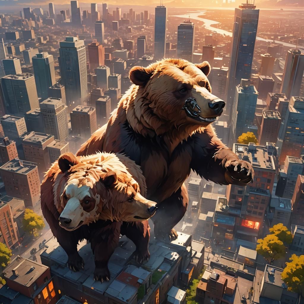 Bear Bites Cow in Stylized 3D Anime Cityscape