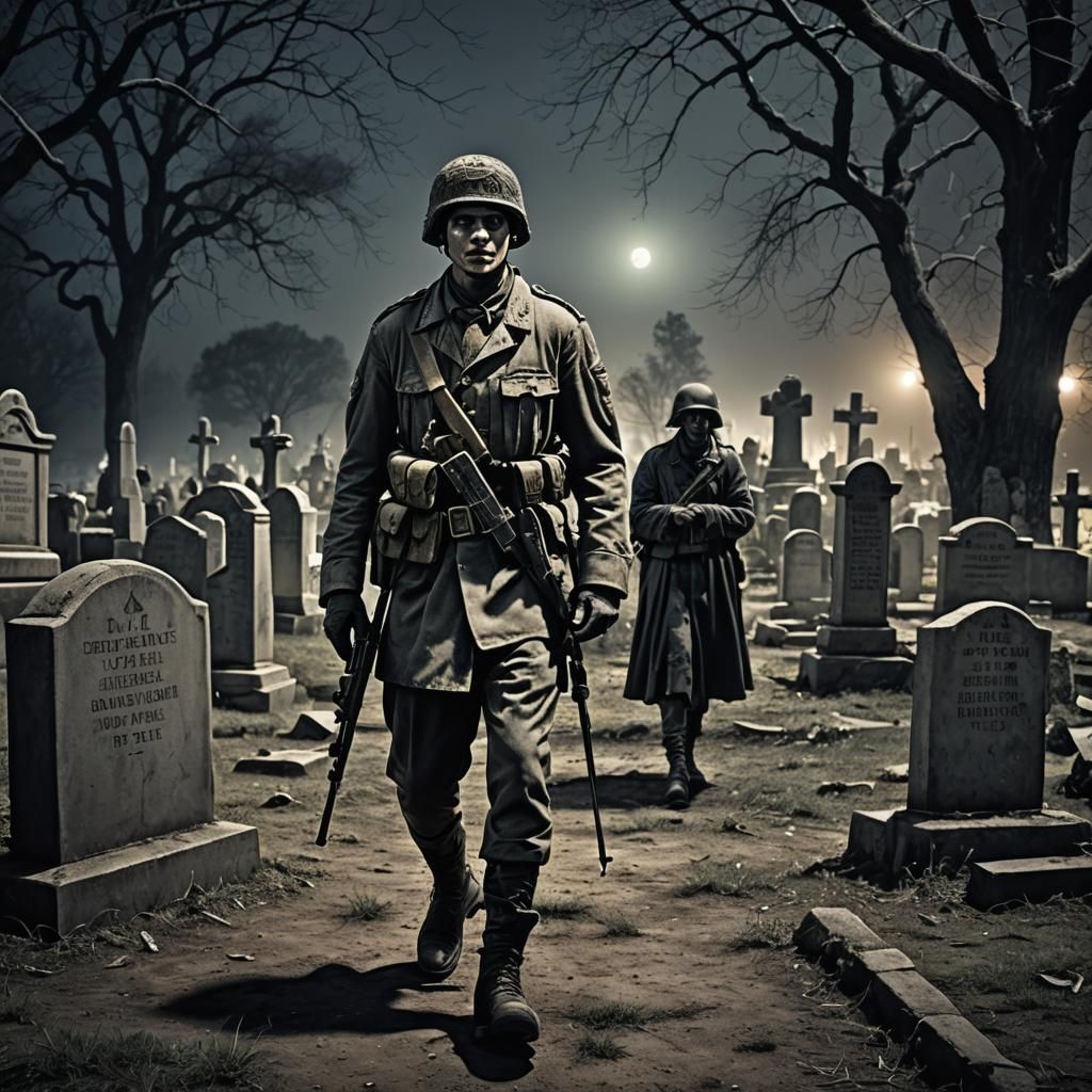 A grim-looking soldier walks through a graveyard at night as...