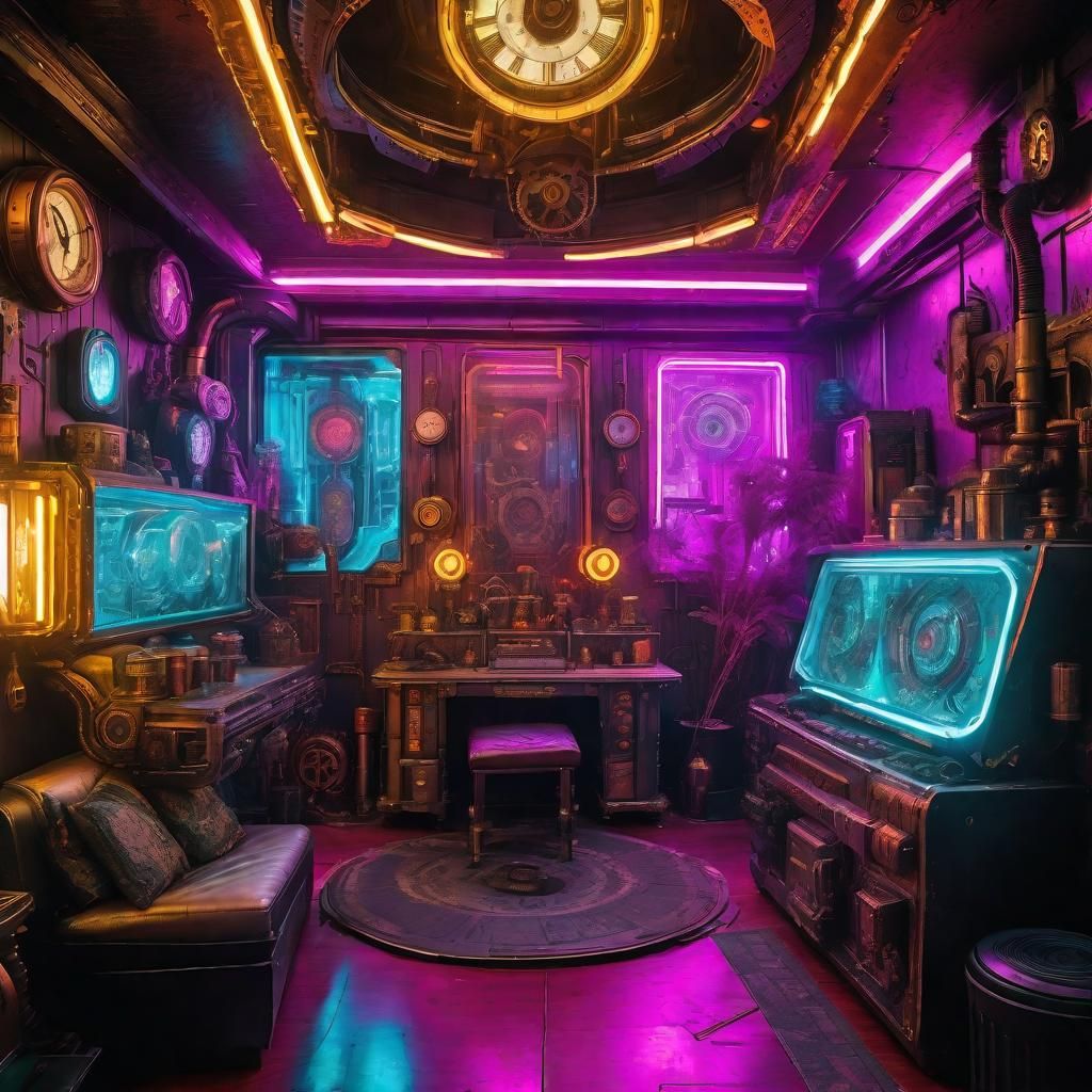 Neon steampunk maximalism interior home decor 🎨 - AI Generated Artwork ...