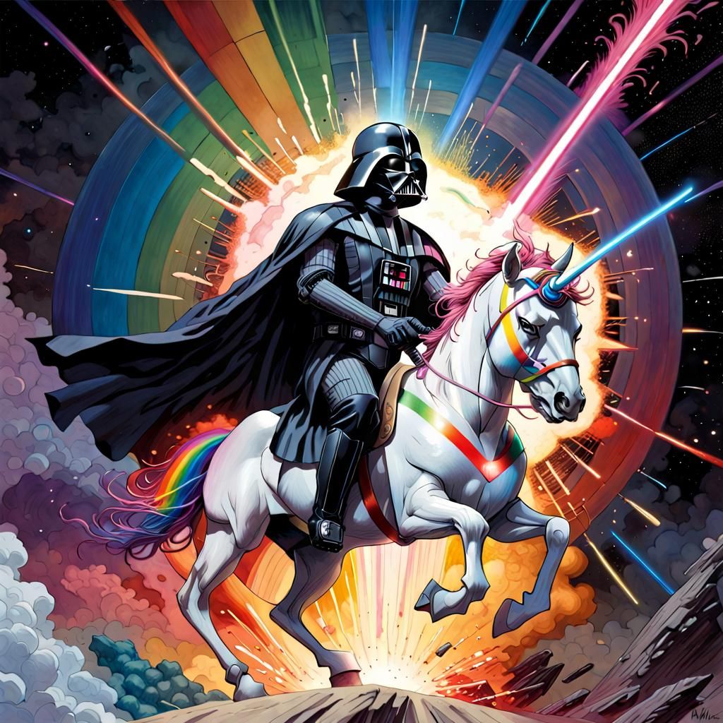 Darth Vader riding a rainbow coloured droid unicorn :: (exploding DeathStar background:1.5) :: photorealistic ...  by @Morgan