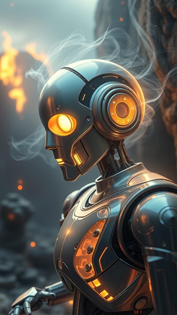 Ethereal Robot Transcends Reality in Surrealist Landscape