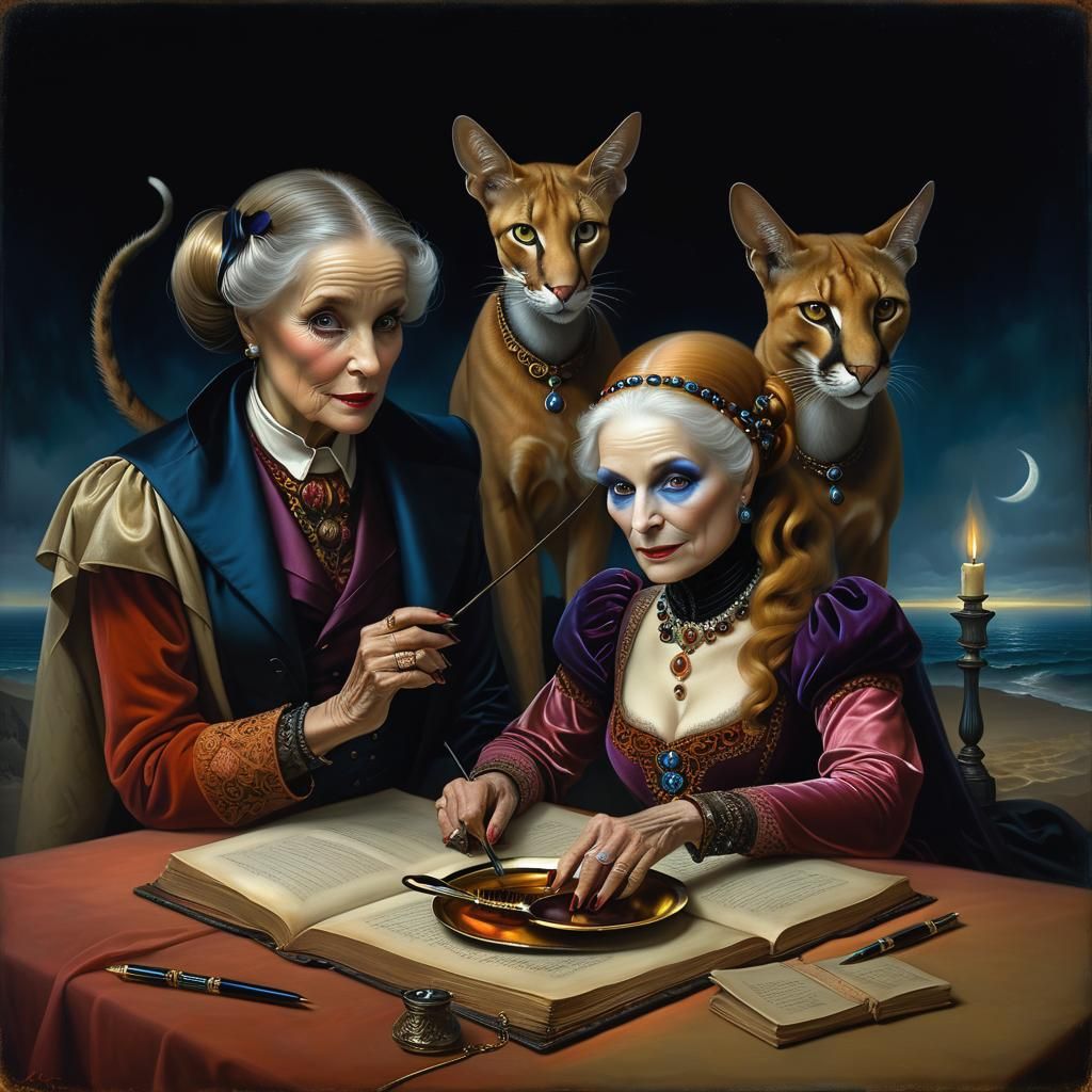 Glamorous Ladies in Surreal Midnight Landscape, as Film Noir