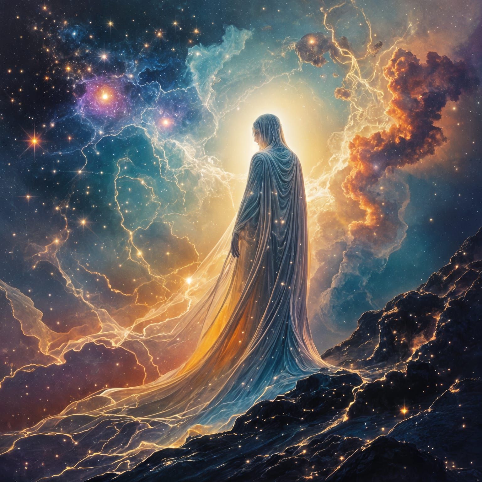 A solitary figure stands at the edge of a vast, swirling nebula, composed of countless glowing filaments ...  by @Brady Robertson