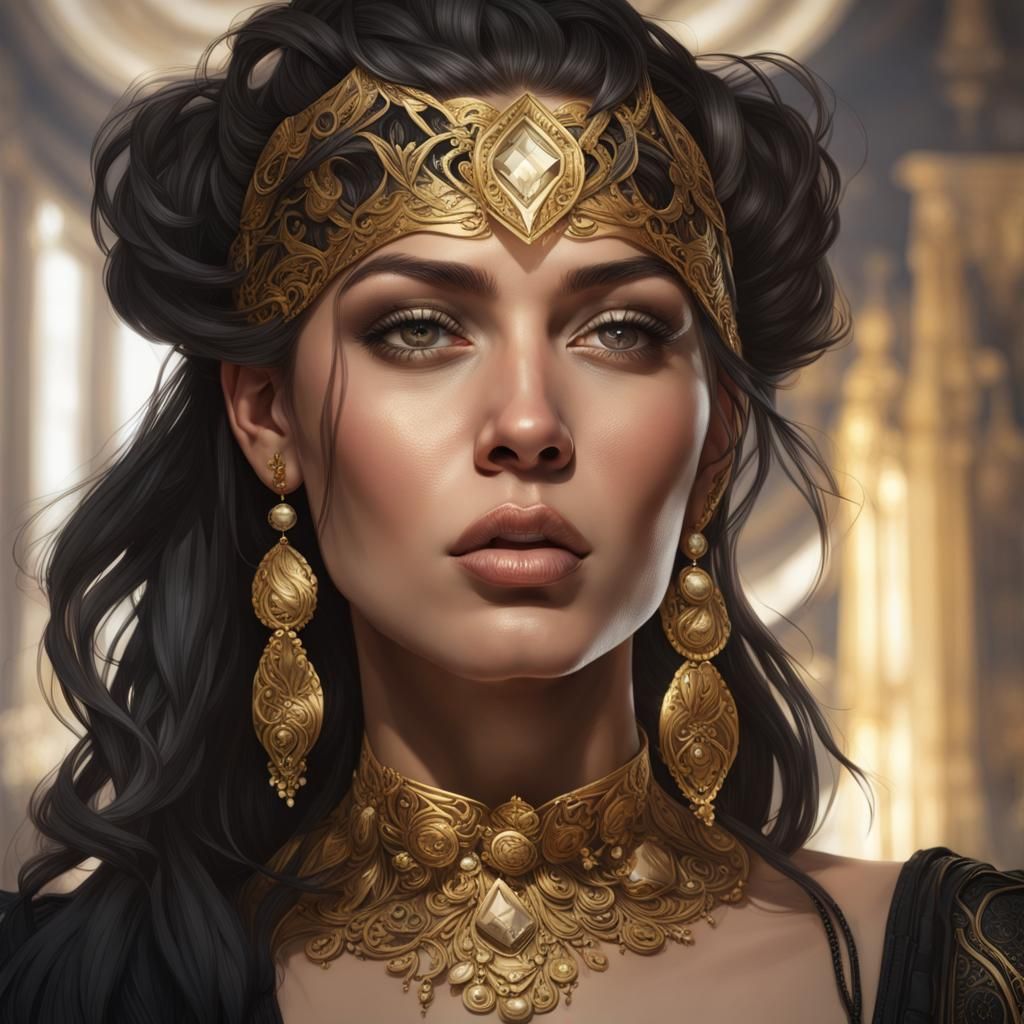 Hyperrealistic Portrait Of A Beautiful Woman Wearing Intricately Detailed Gold And Black