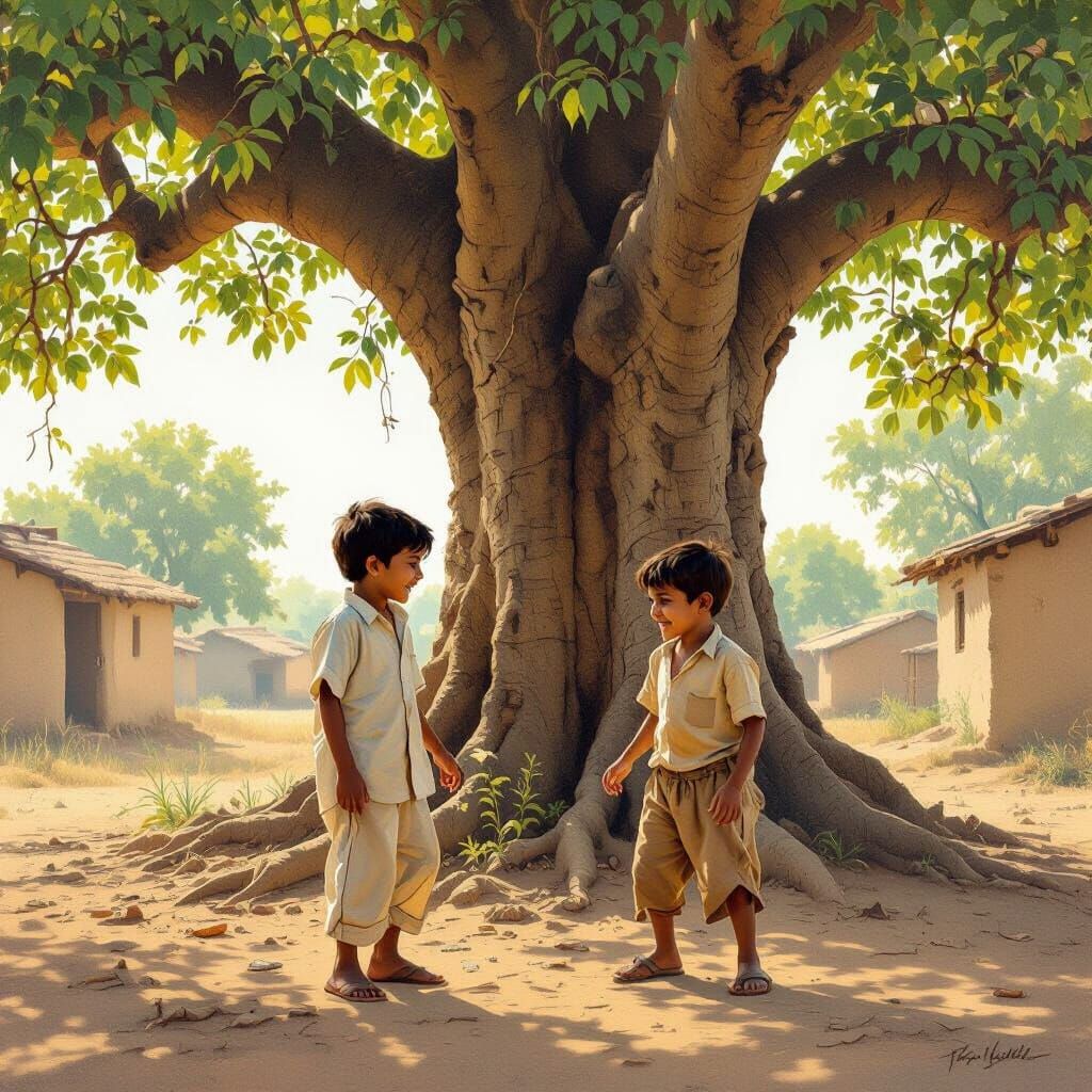 “Indian rural village, two young boys – one rich in clean clothes, one poor in simple torn clothes, playing together under a big banyan tree...