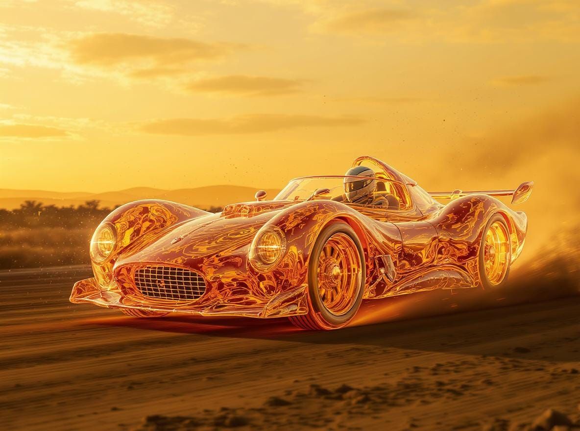 Molten glass car speeding down a dirt track  by @GMX_TrackMaD