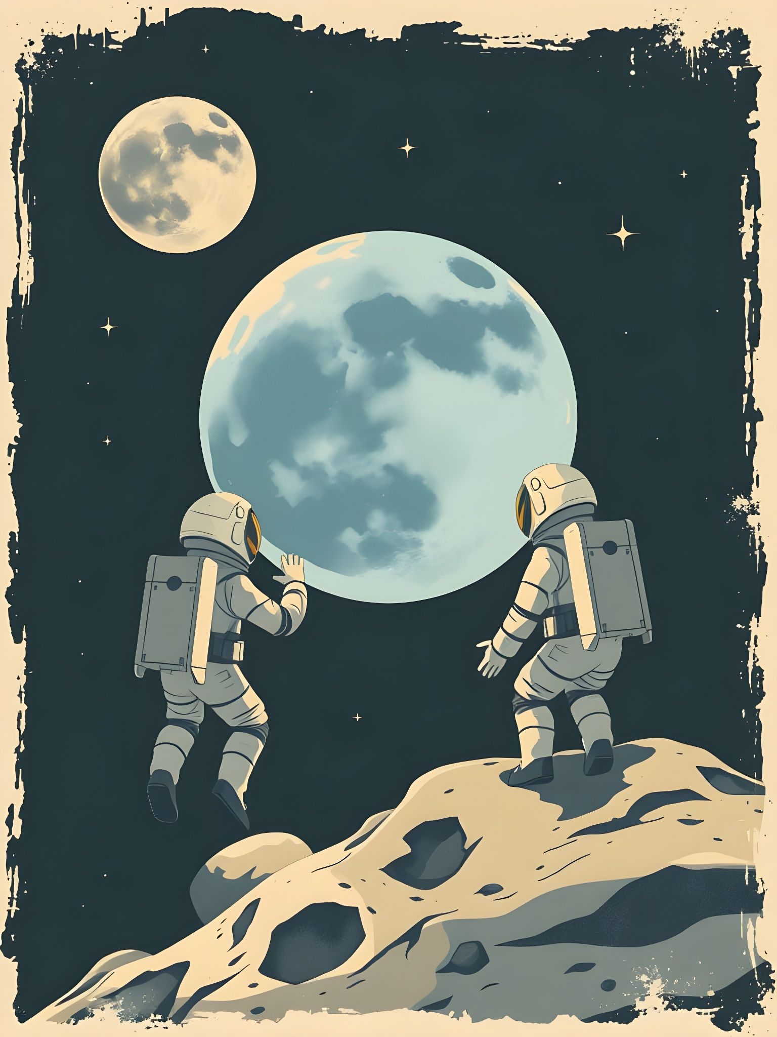 Astronauts on the Moon, Bathed in Muted Elegance