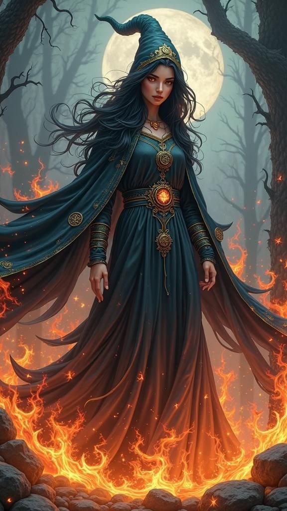 high-fantasy digital artwork of a powerful and mysterious witch. She stands amidst swirling elemental energies, her eyes glowing with inner...