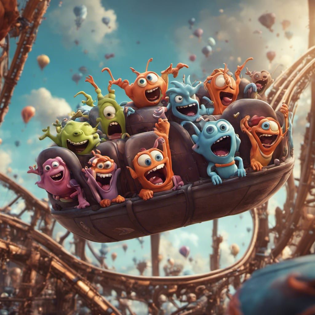 Cute Aliens, on a roller coaster, screaming, camera face, de...