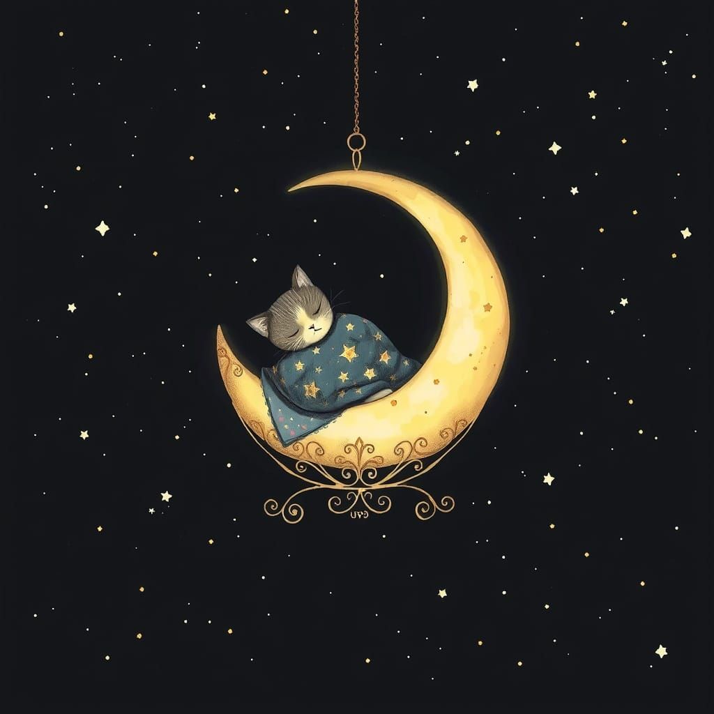 Serene Cat Enjoys Lunar Slumber in Whimsical Style
