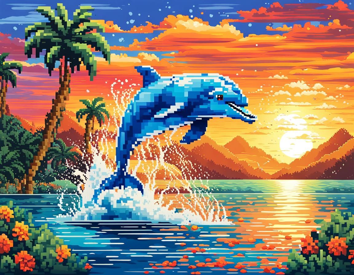 pixel art style Dolphin Bliss   by @Fiona Etkin 1974 