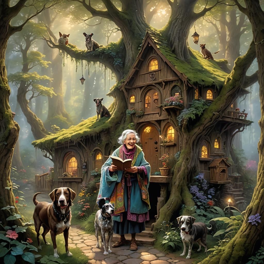 A wise old woman with a smiling face and wrinkles, living in...
