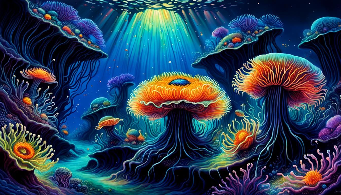 sea anemones, dark fantasy, shocking vibrant bioluminescent beauty ...