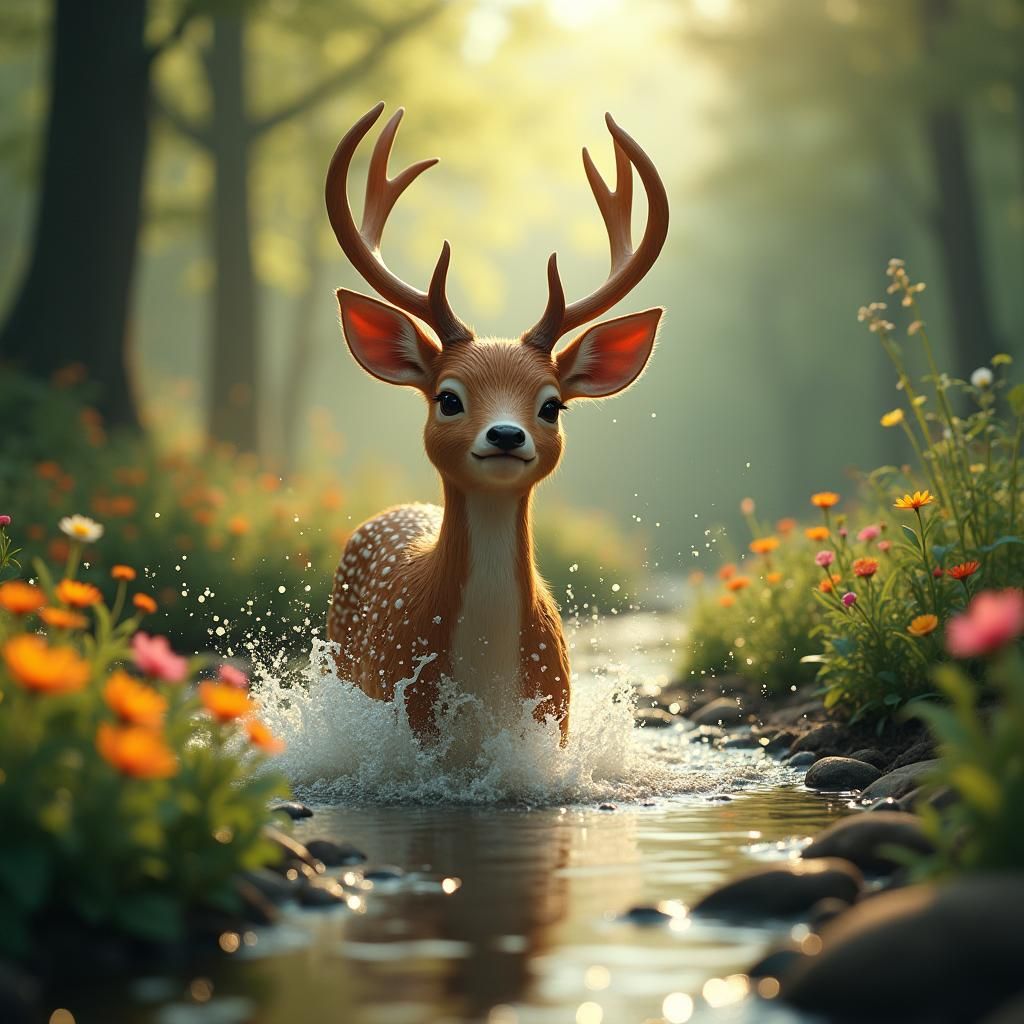 Joyful Deer Frolics in Forest Stream, Dreamy Digital Art