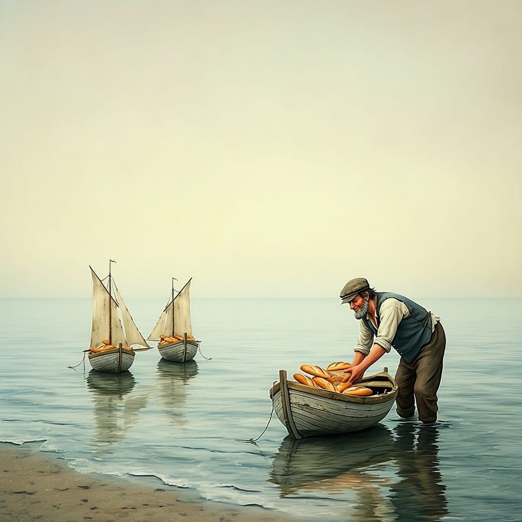 Rustic Fisherman Sends Loaves Across Serene Waters in Dreamy...
