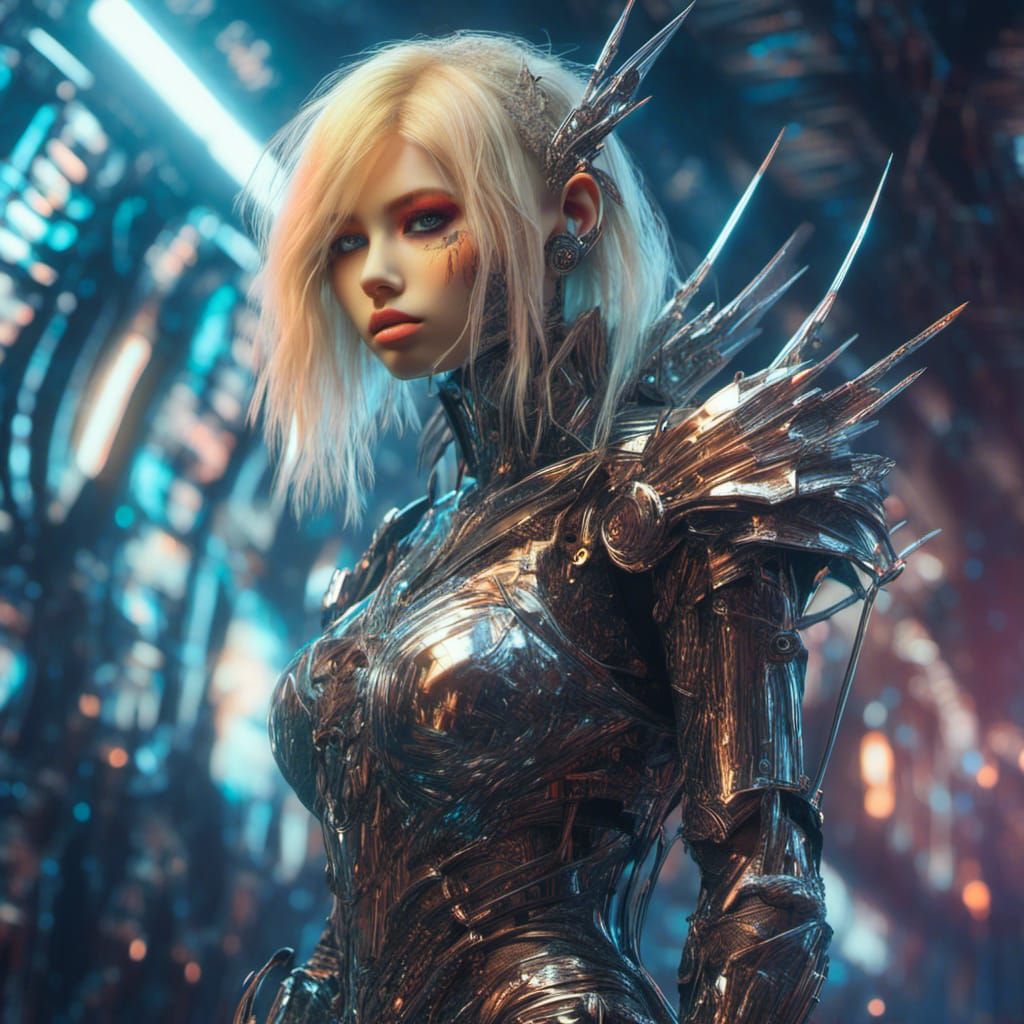  <lora:Cyber Pixie:1.0> cyber Pixie warrior ready for battle long blonde hair in chrome armor vibrant futuristic background 