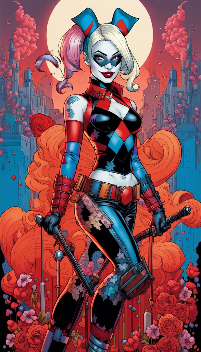 Full Body Portrait Of Harley Quinn, Illustration In The Style Of Josan 