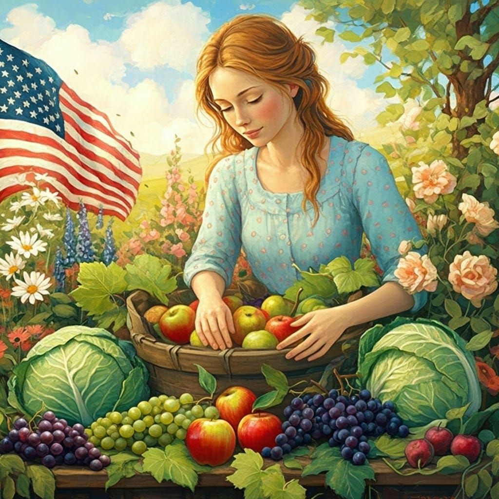 Woman in Garden: Folk-Art Painting of Tranquility