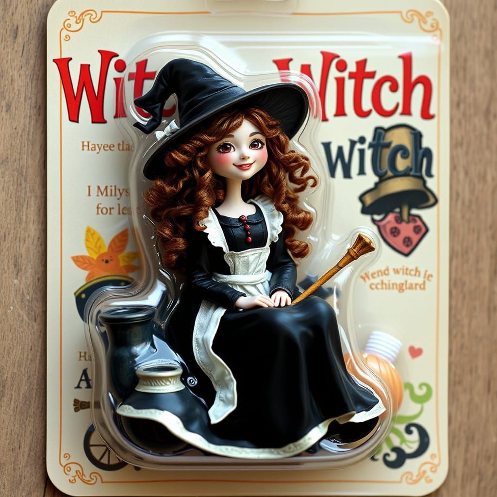A friendly witch in a plastic blister pack, with a potion pot and wand included in the package  by @Hippie Child
