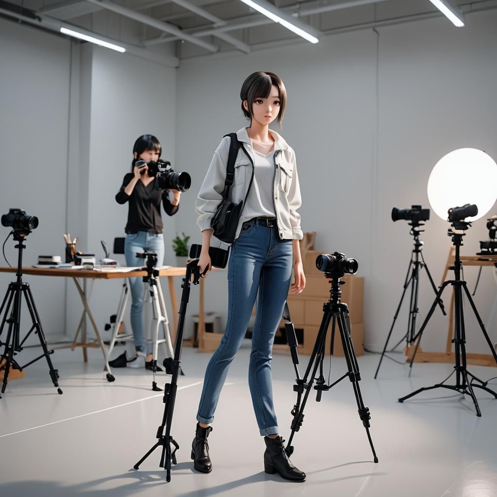 Generate a realistic anime image of a photographer capturing...