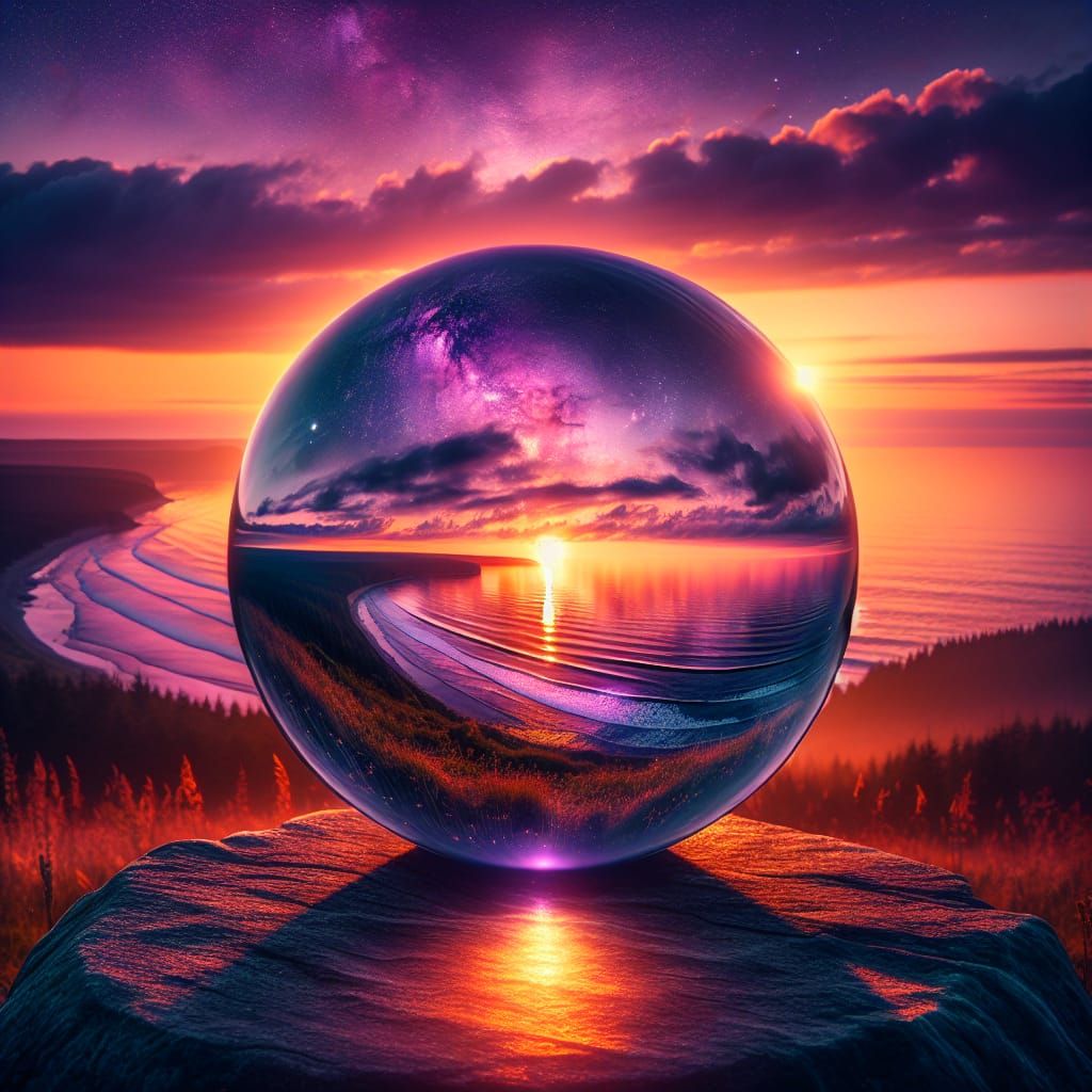 Surreal Sunset Oasis with Crystal Ball and Glistening Ocean