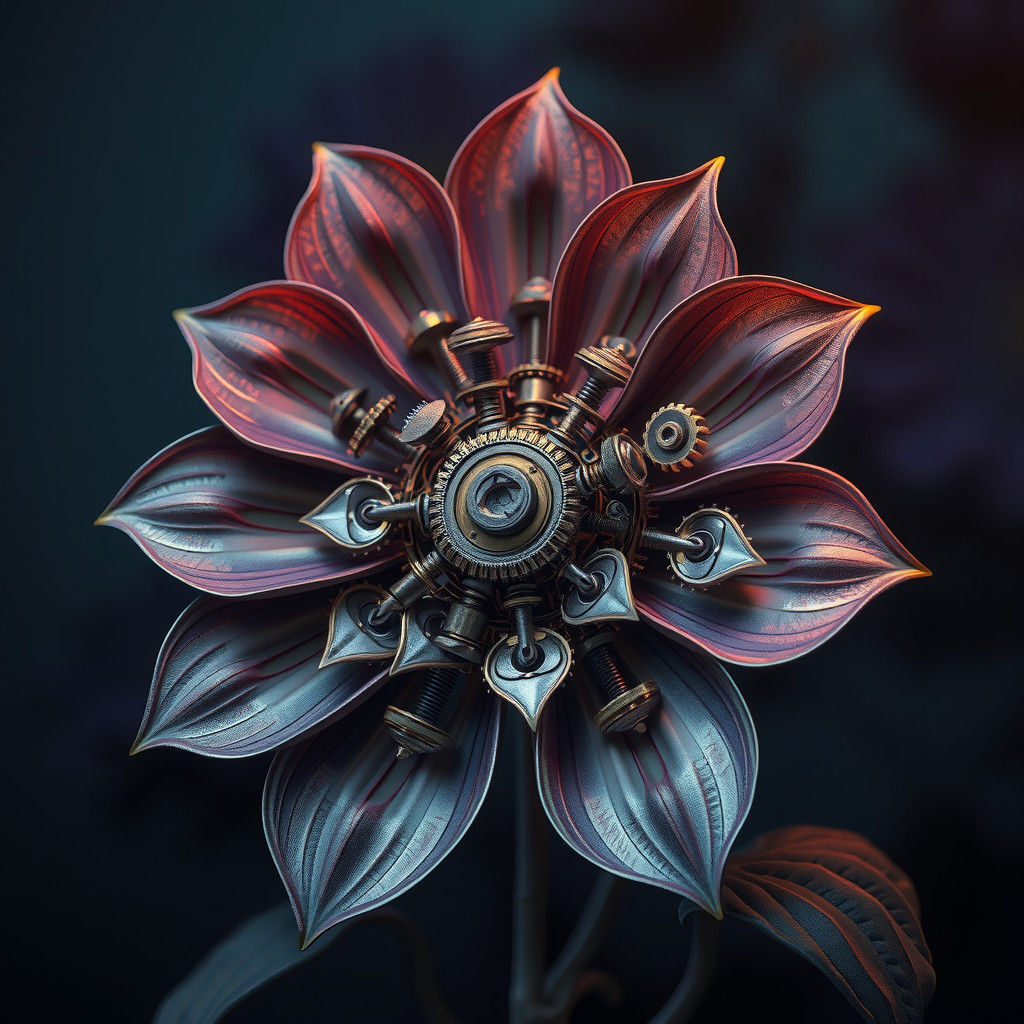 mechanical flower with screws and gears and many details