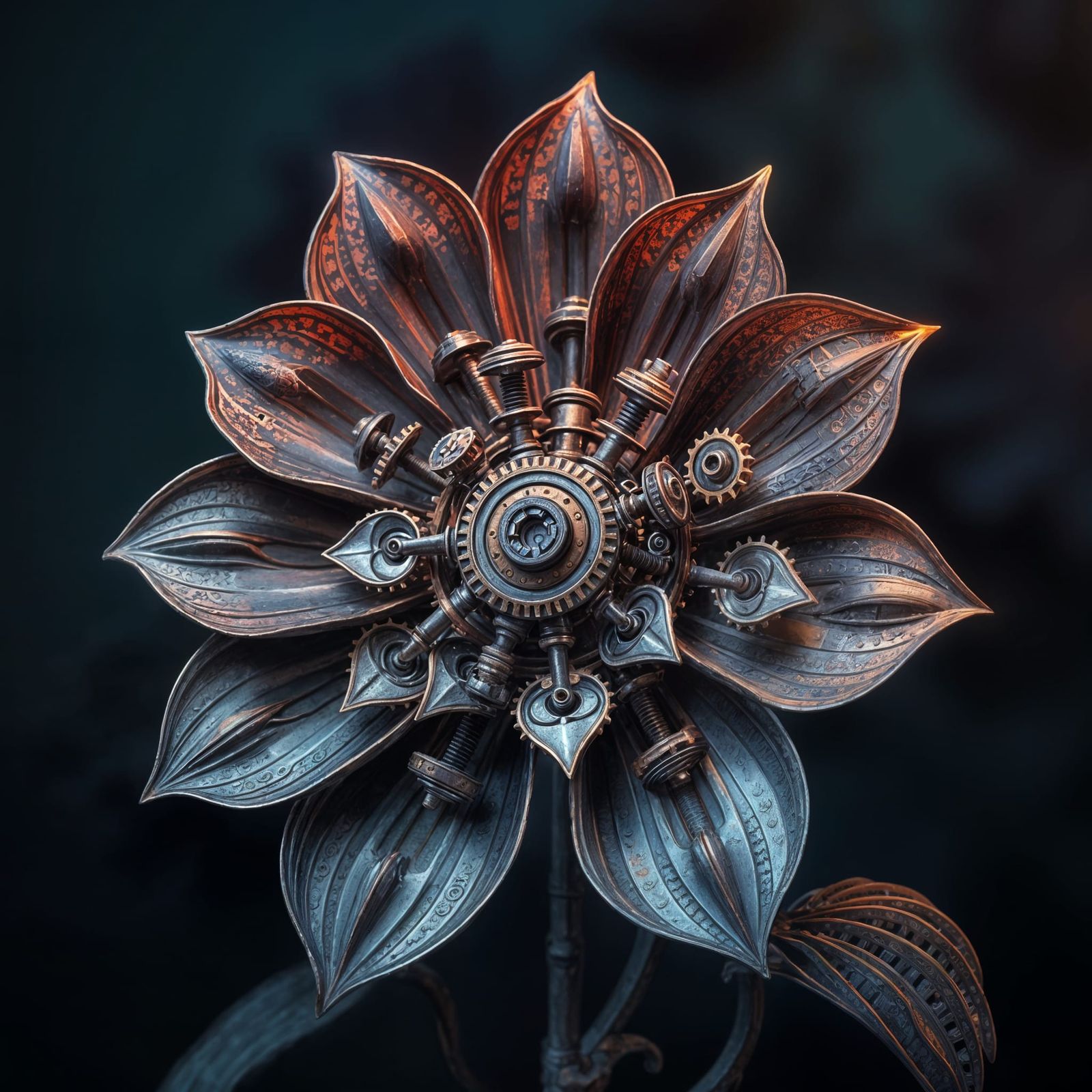 mechanical flower with screws and gears and many details