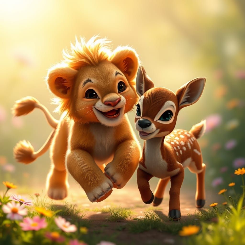 Lion Cub and Deer Play in Sunny Meadow