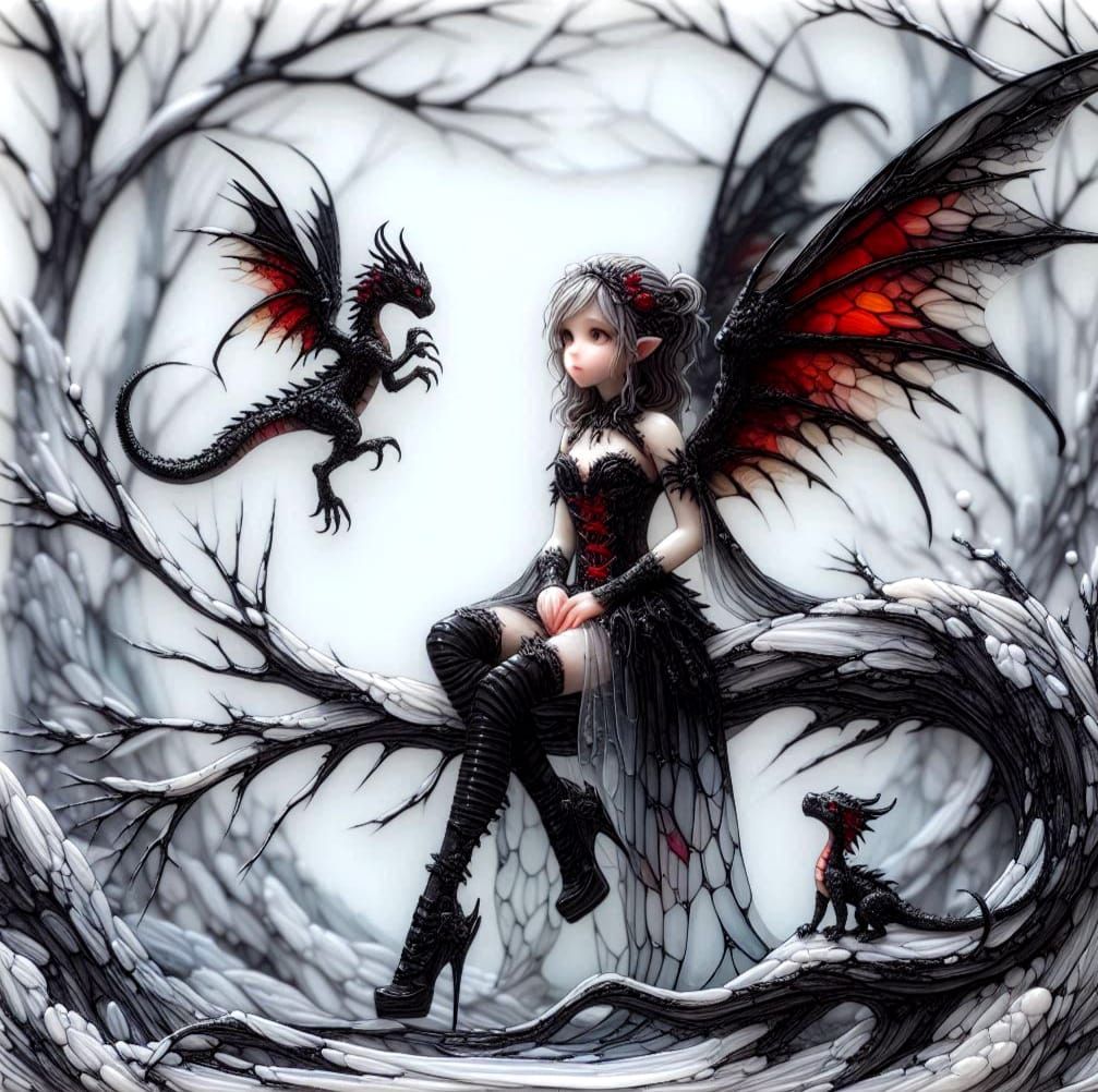 Goth Fairy & Pet Dragons in an Enchanted Forest