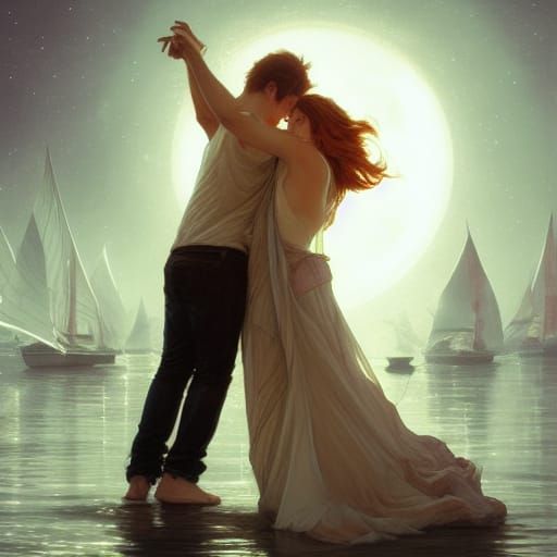 Lovers dancing on a boat under the moon light, laughter, love, embrace ...