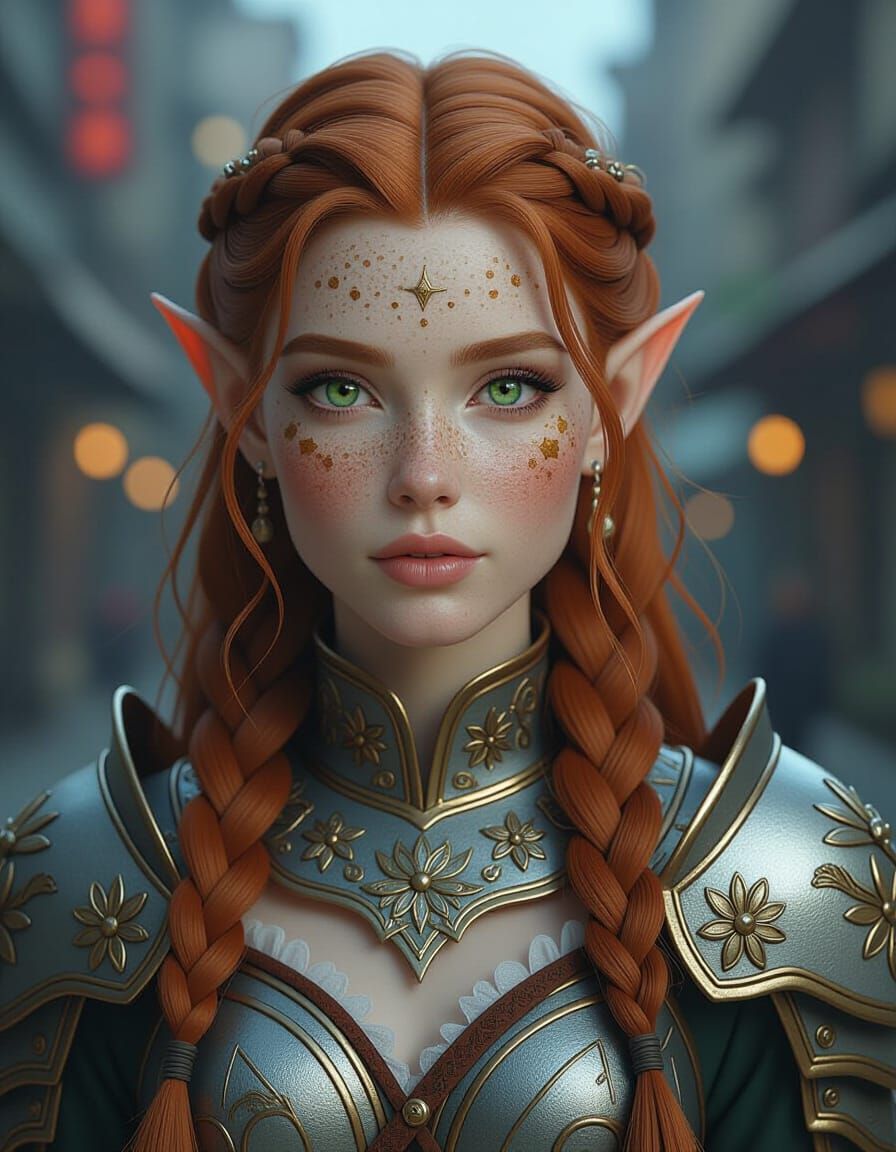 An elf with green eyes and lots of freckles in her face. She has longer ginger hair ginger hair in an half updo and some braidings. She wear...