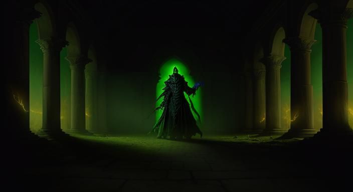 Undead magician inside Petra cloister radiating green glow i...