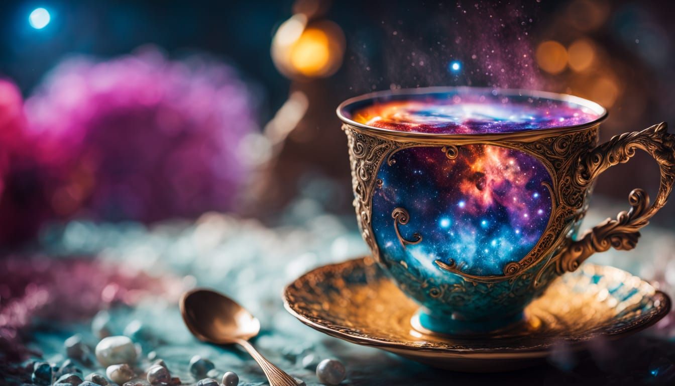 Things Made of Liquid Art Style: Professional Photo (e.g., "photorealistic portrait, vibrant colors, soft lighting") A whimsical teacup, ove...