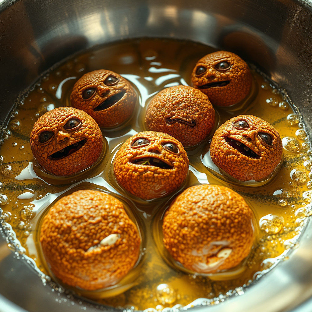 Hyperrealistic Falafel Figures in Bubbling Oil
