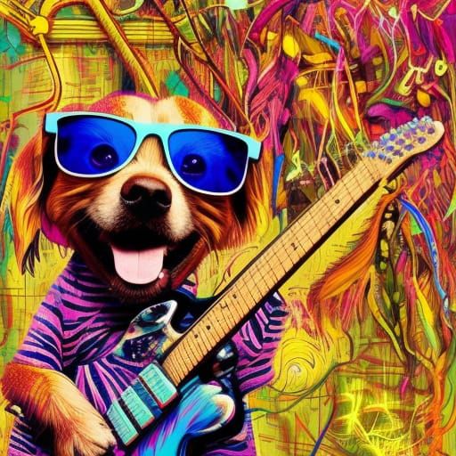 Portrait of adorable dog holding a electric guitar and wearing ...