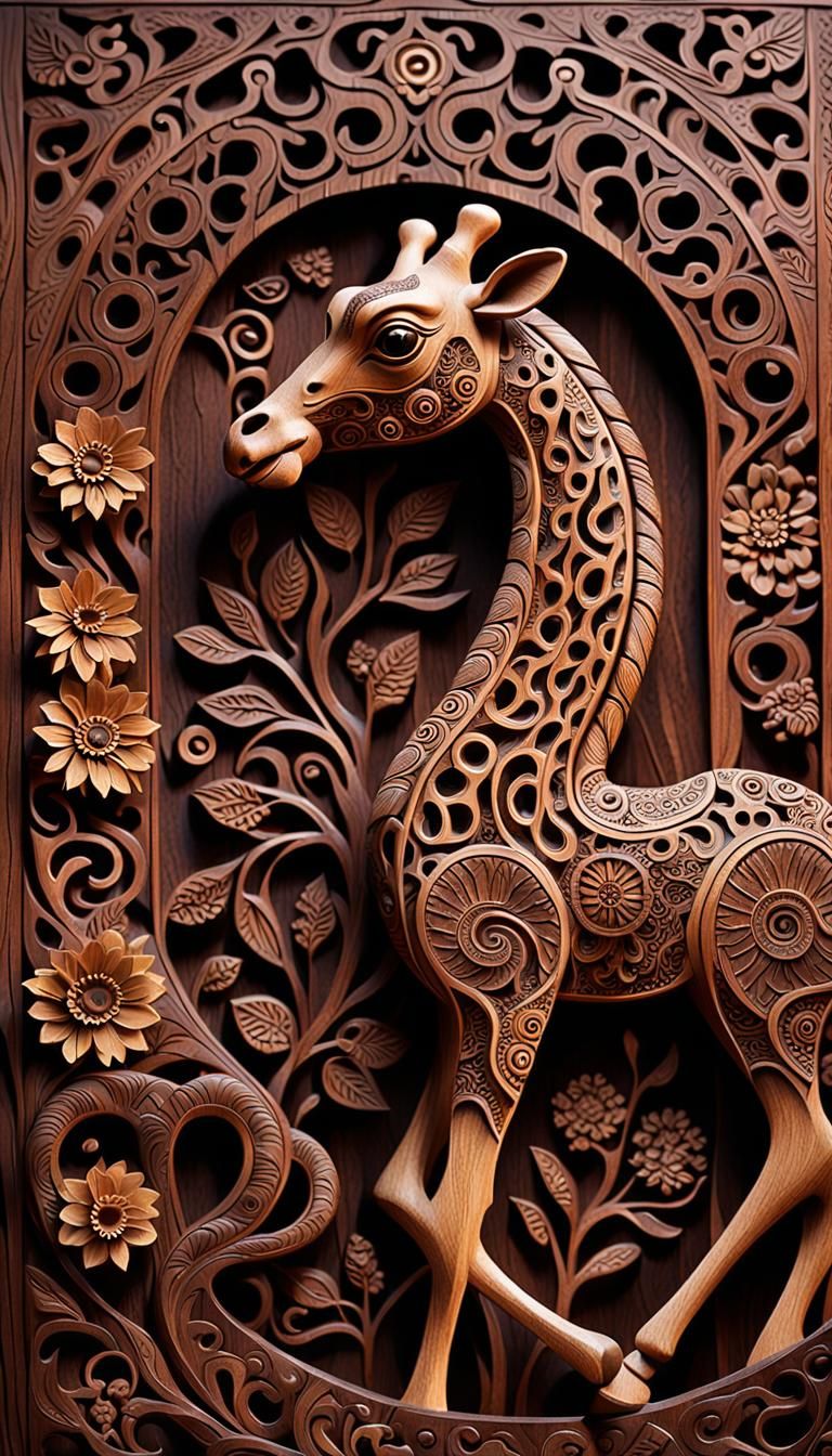 Traditional Dayak carving. Giraffe emerging from intricately carved wooden panel. Low-angle shot. Inspired ...  by @undefined