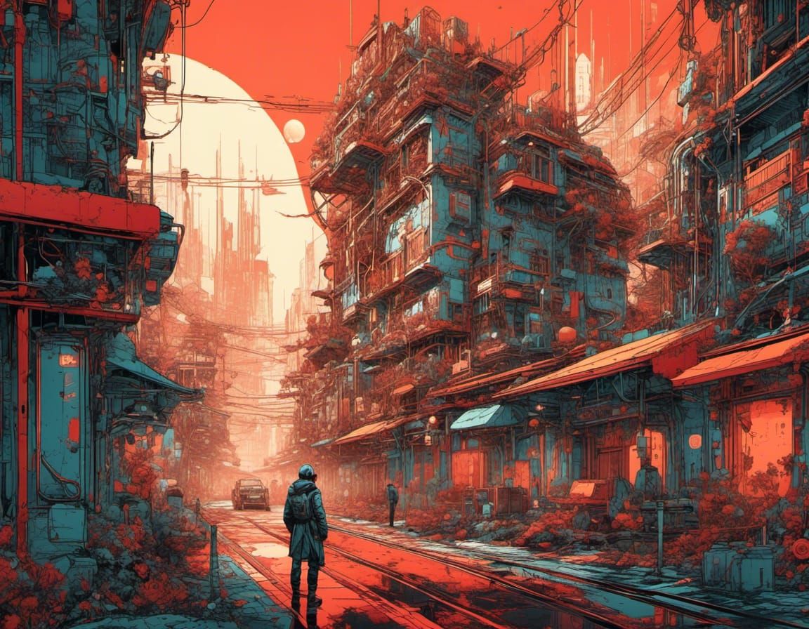 <lora:Gutterball:1.0>  A beautiful colorful cyber city landscape with a glowing red sun, line art style, Ornamental Elaborate Intricate, Gol...
