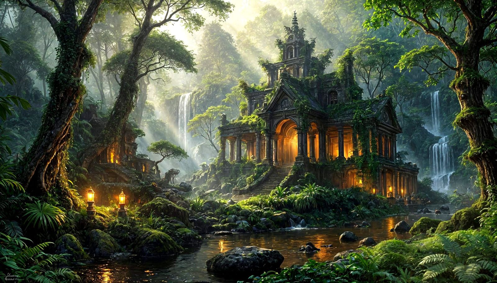 A dense jungle ruins scene glows in cinematic mystery.  
Smooth moss covers ancient stones with glowing ...  by @Carlos