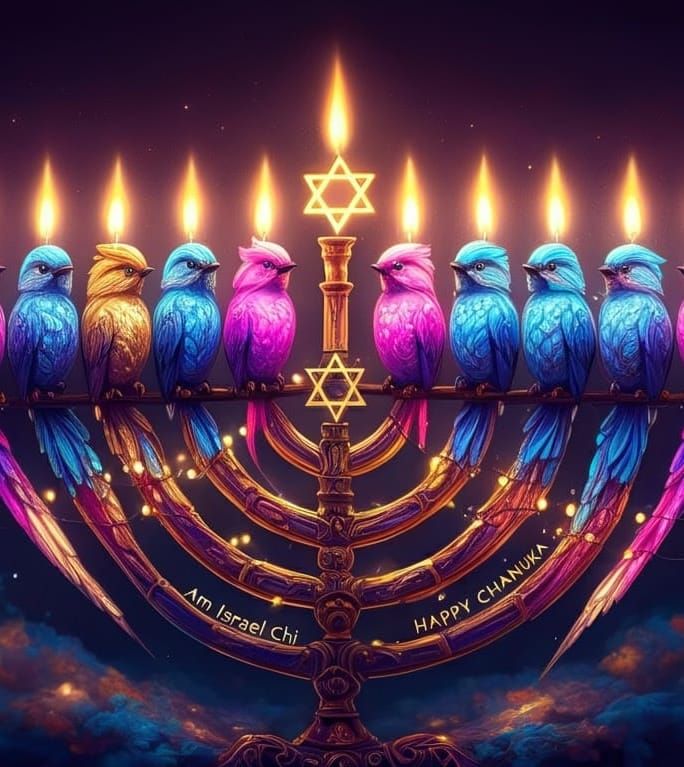 Vibrant Birds Form a Dazzling Chanukia in a Whimsical, Cyber...