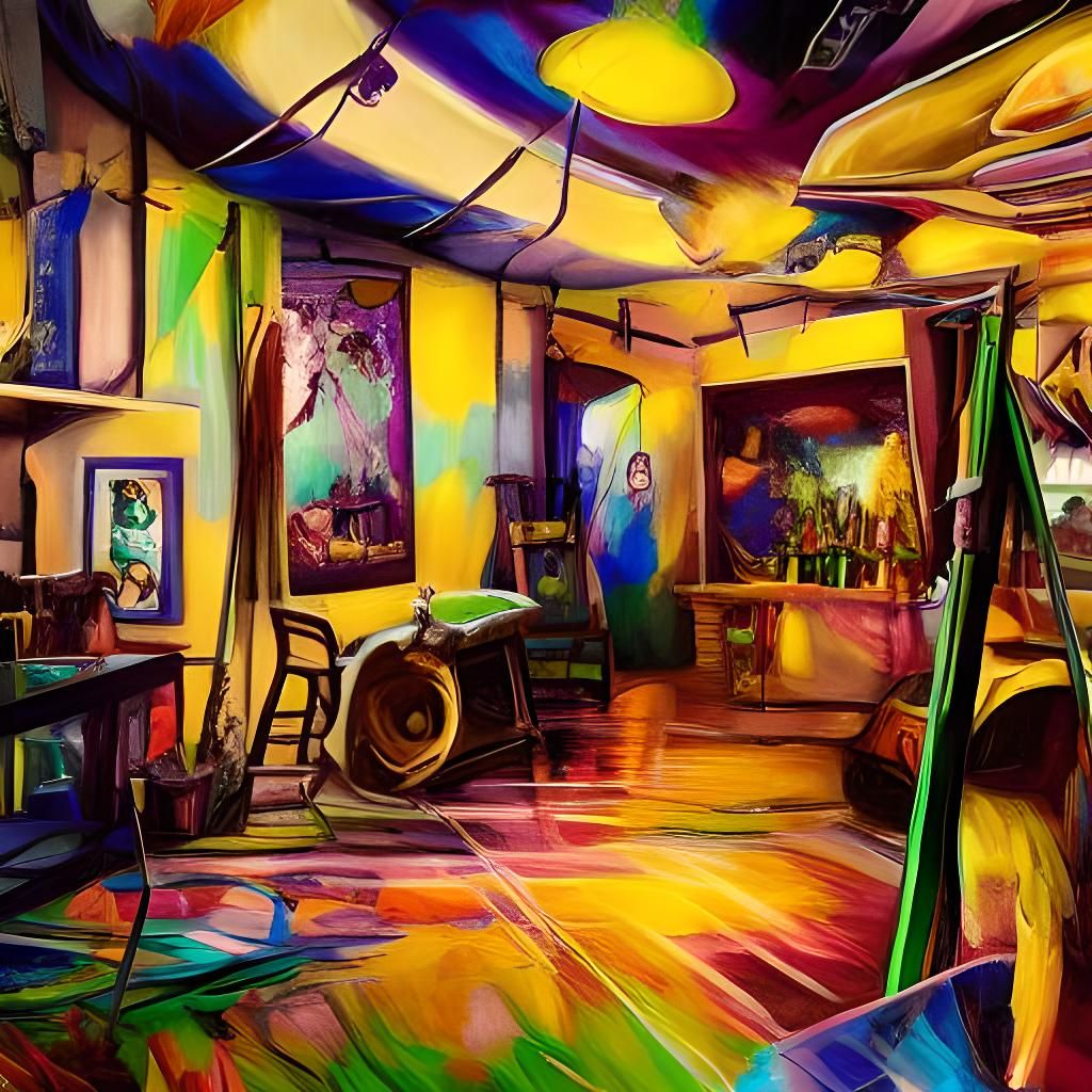 A storm in the artist's studio. A gigantic chaos of colors, ...