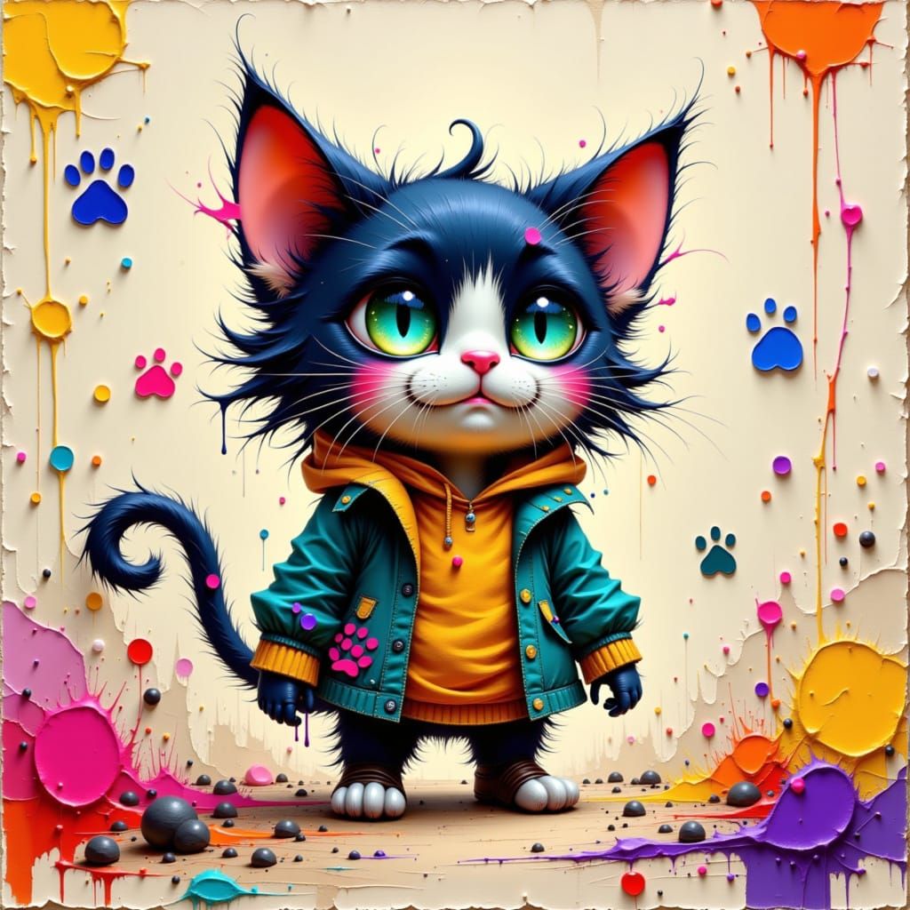 Mischievous and Playful Kitty is giggling while jumping in paint puddles then sticking paw prints all around.