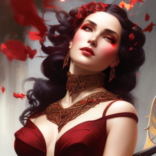Dark fantasy attractive bard in a red corset, head and shoul...